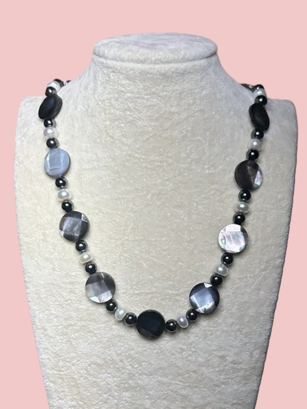 Faceted Mother of Pearls with Hematite Beads and Freshwater Pearls Necklace.